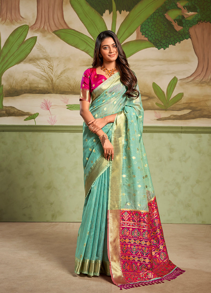 Aqua Blue Zari Work Cotton Silk Saree