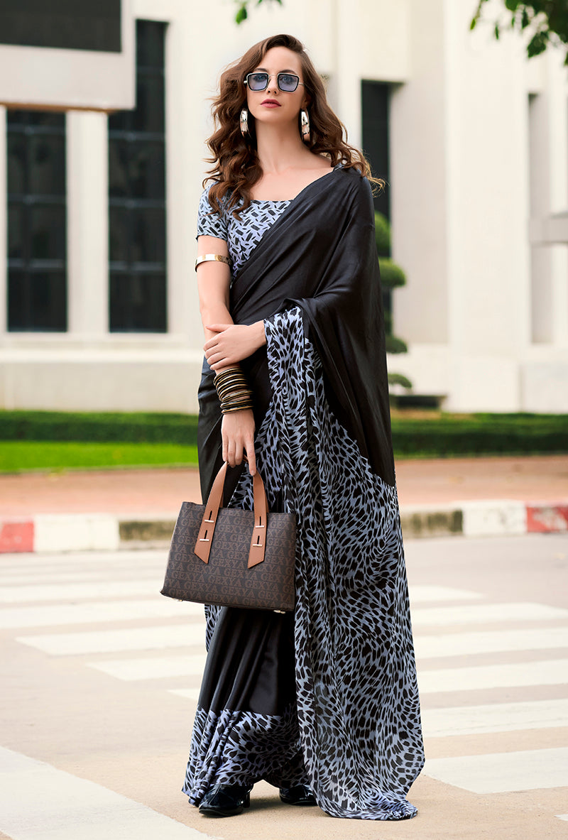 Black Printed Satin Saree