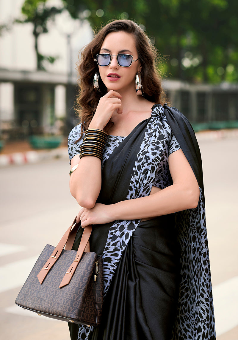 Black Printed Satin Saree