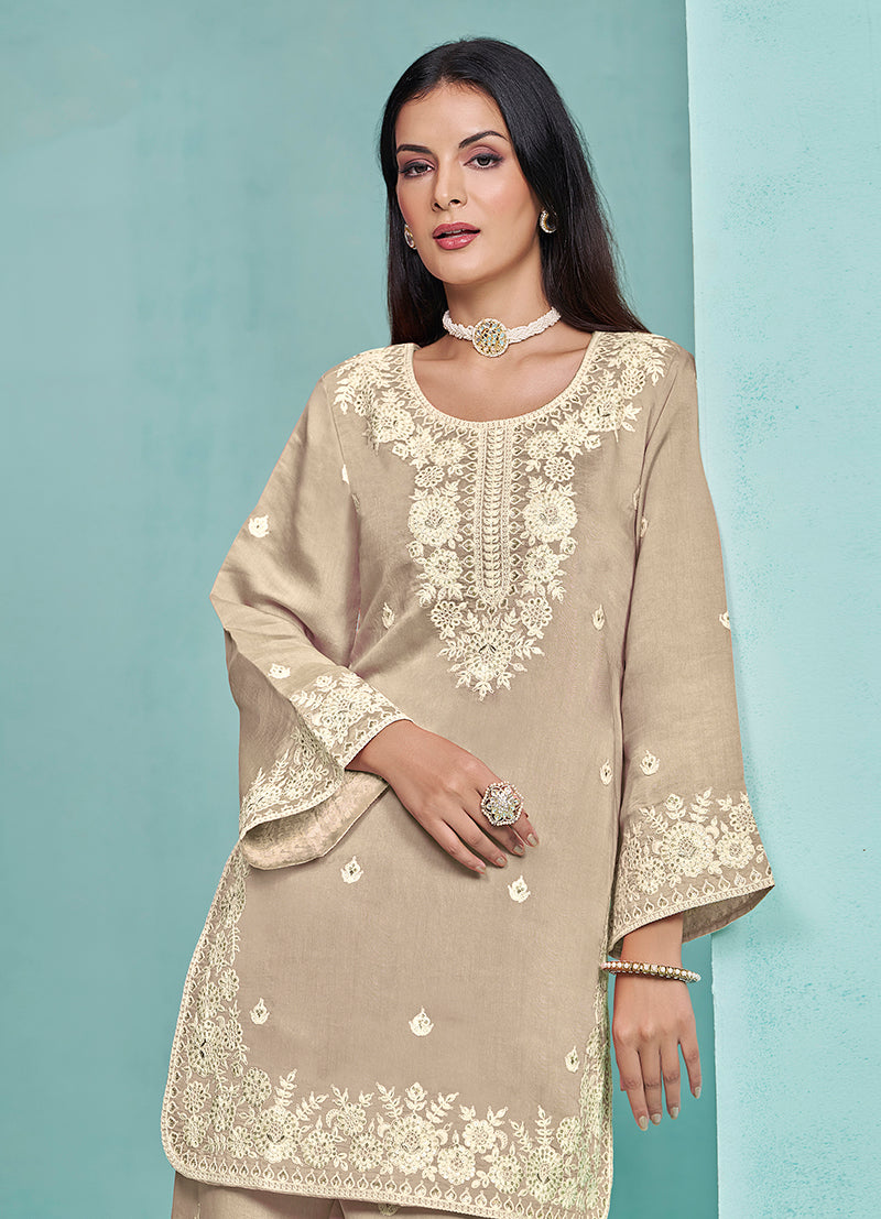 BeigeChanderi SilkEmbroideredKurta
