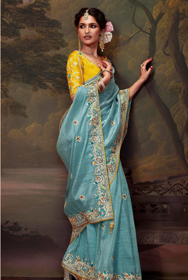 Aqua Blue Embroidered Organza Saree