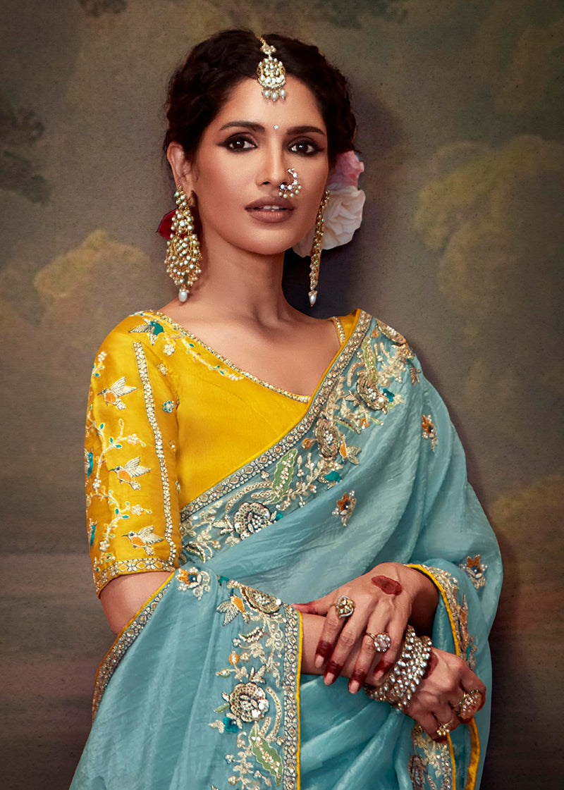 Aqua Blue Embroidered Organza Saree