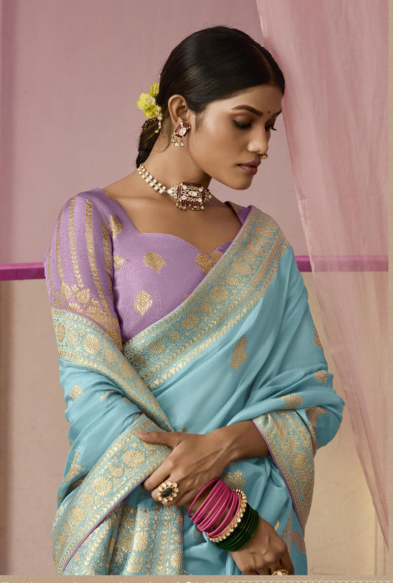 Aqua Blue Floral Print Viscose Saree