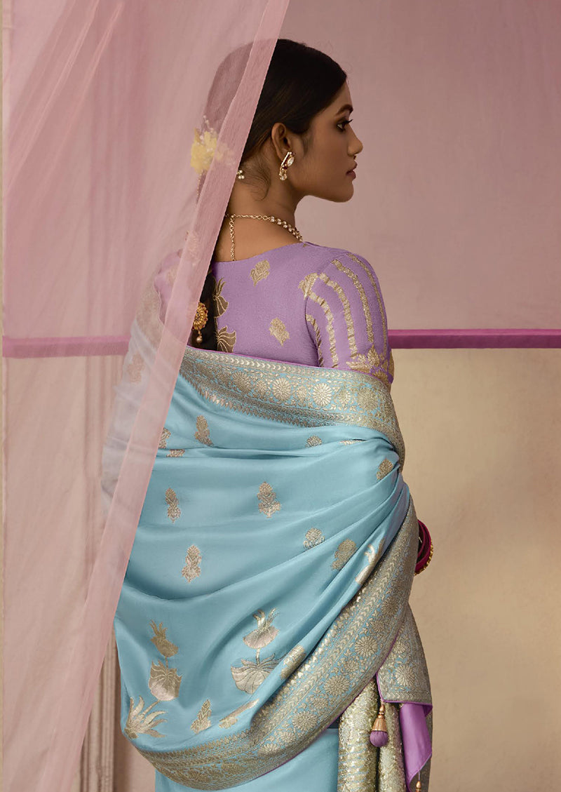 Aqua Blue Floral Print Viscose Saree