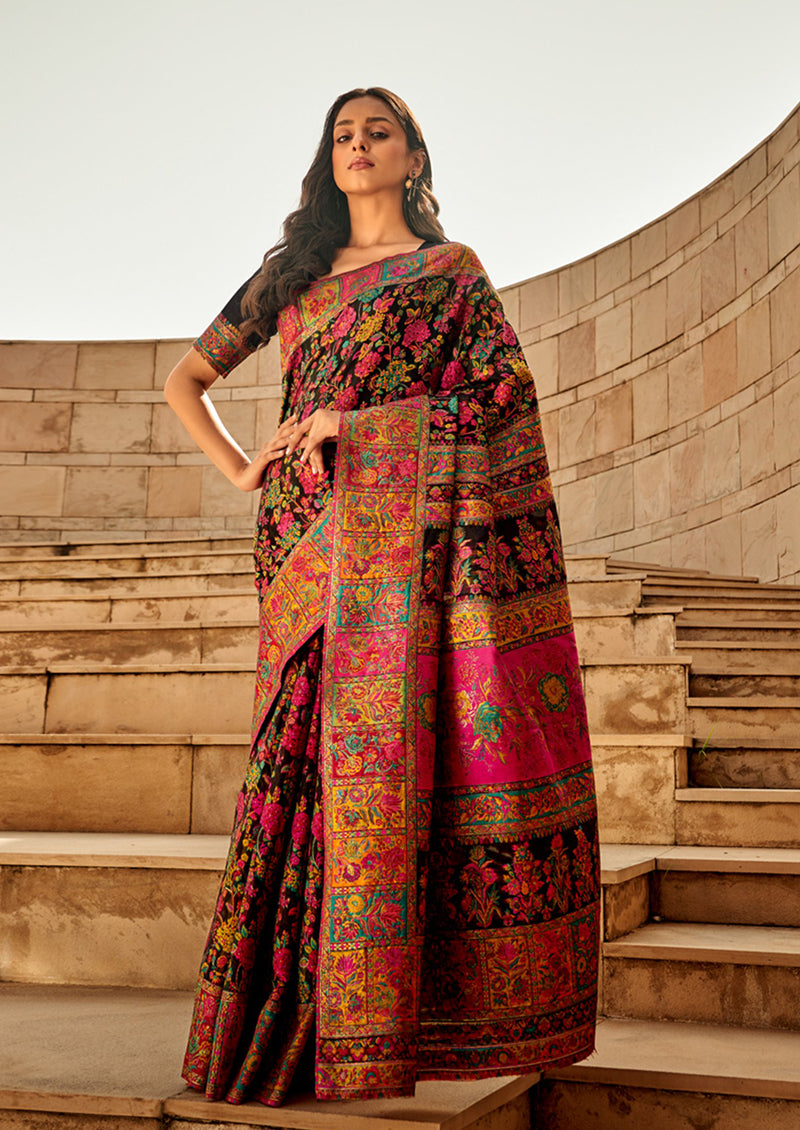 Black Weaving Print Silk Saree