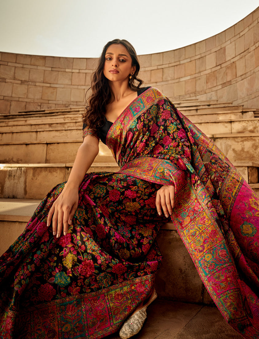 Black Weaving Print Silk Saree