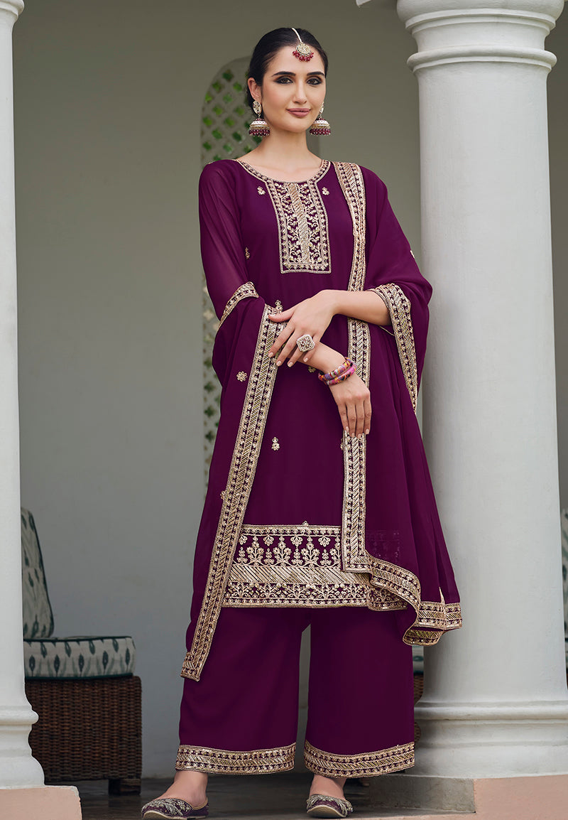 WineGeorgetteEmbroideredKurta