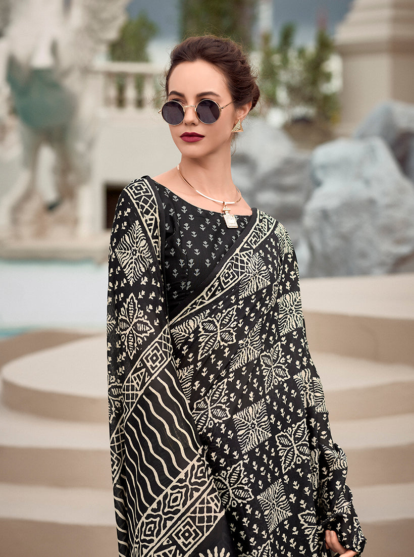 Black Printed Pure Silk Saree