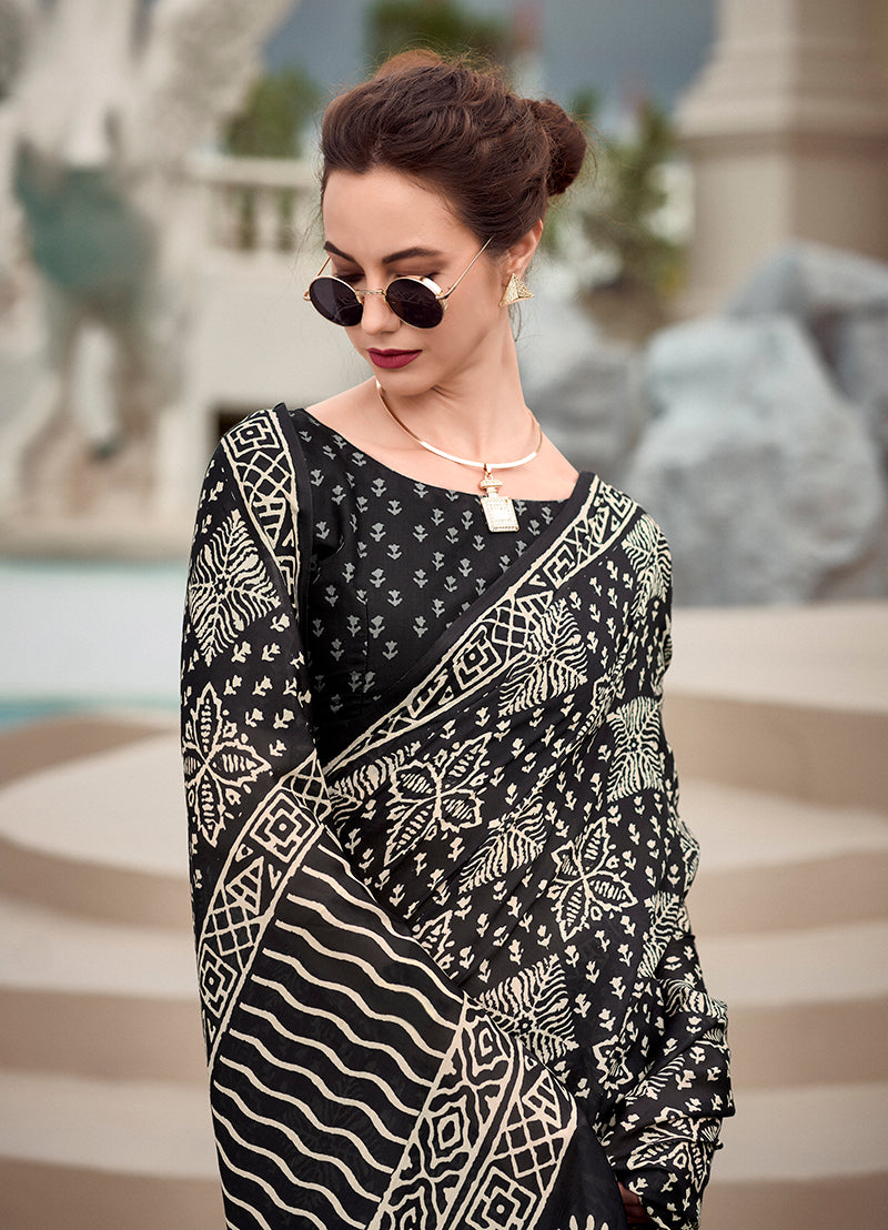 Black Printed Pure Silk Saree