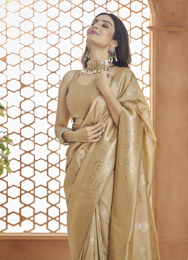 Beige Weaving Print Banarasi Silk Saree