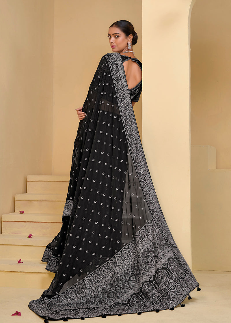 Black Mirror Work Organza Saree