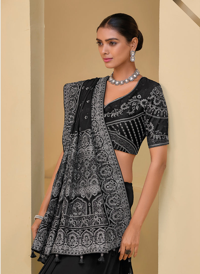 Black Mirror Work Organza Saree