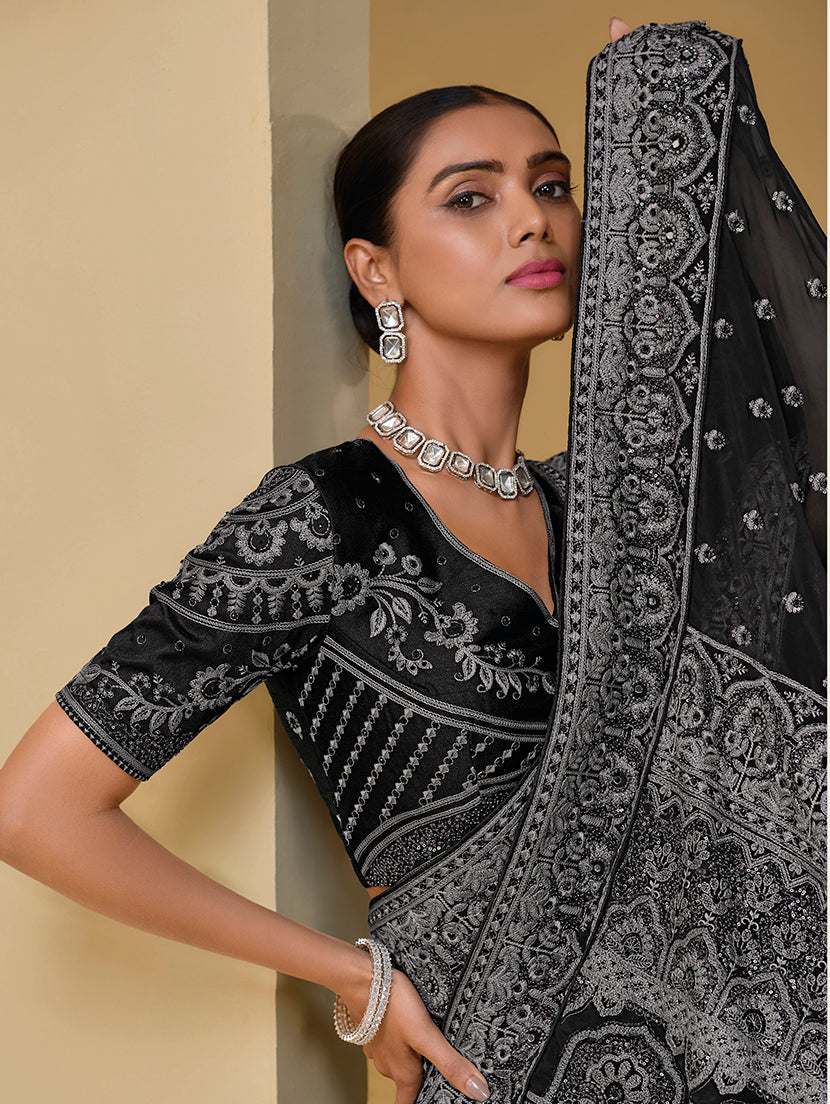 Black Mirror Work Organza Saree