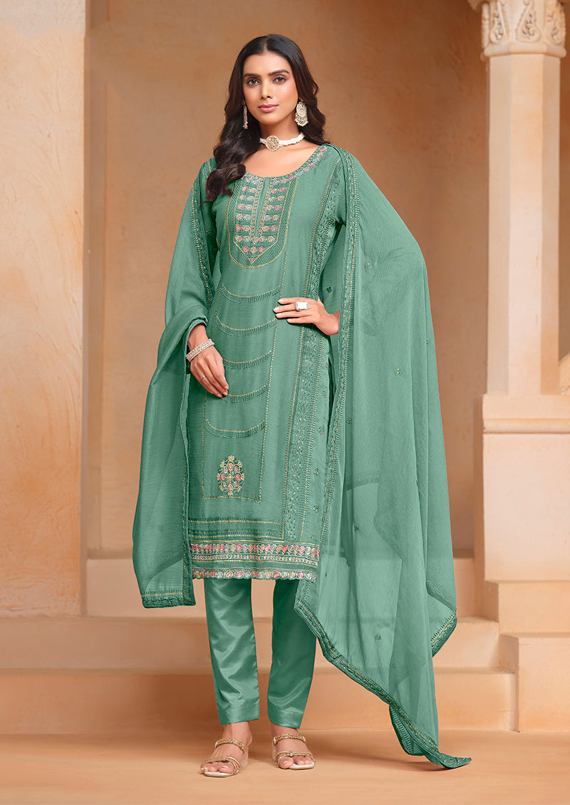 Sea-GreenChiffonEmbroideredKurta