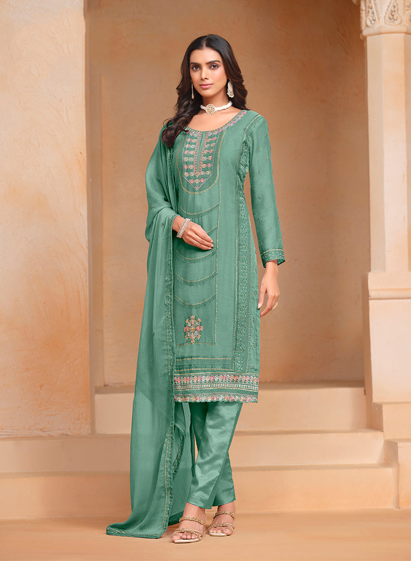 Sea-GreenChiffonEmbroideredKurta