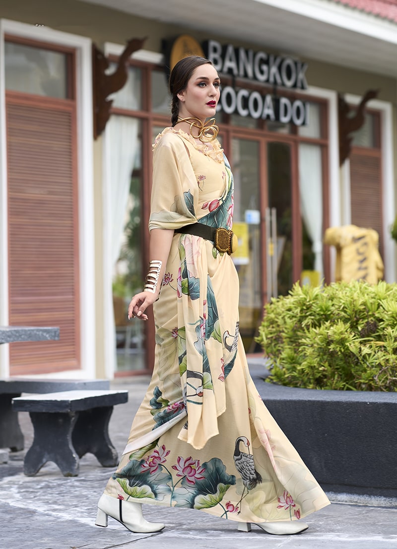 Beige Floral Print Georgette Saree