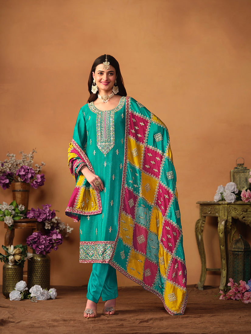 TurquoiseChiffonEmbroideredKurta