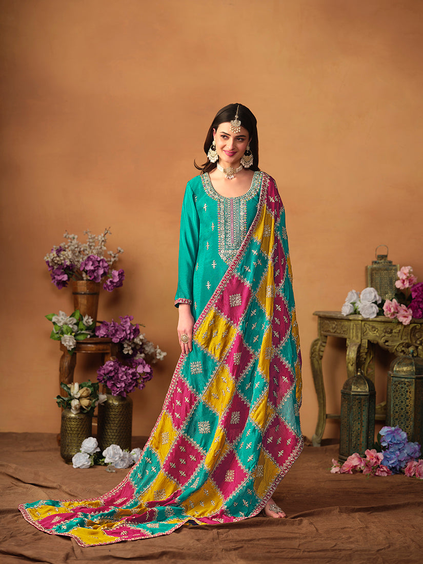 TurquoiseChiffonEmbroideredKurta