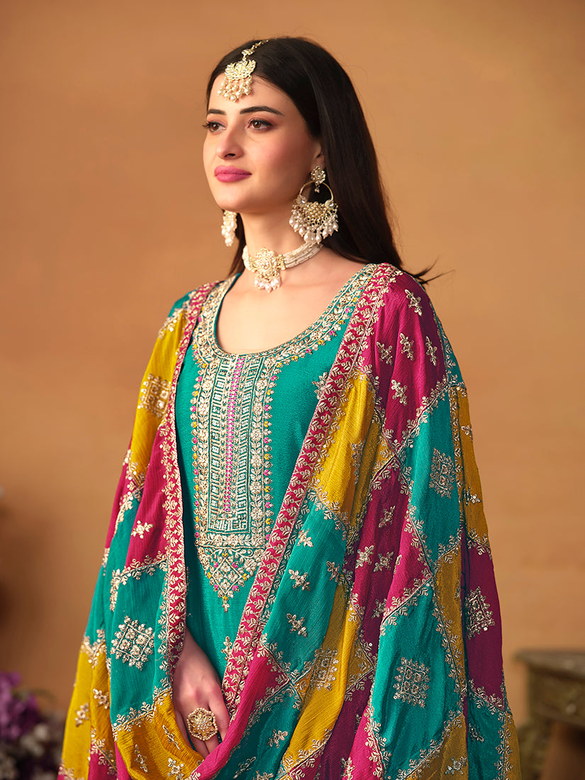 TurquoiseChiffonEmbroideredKurta