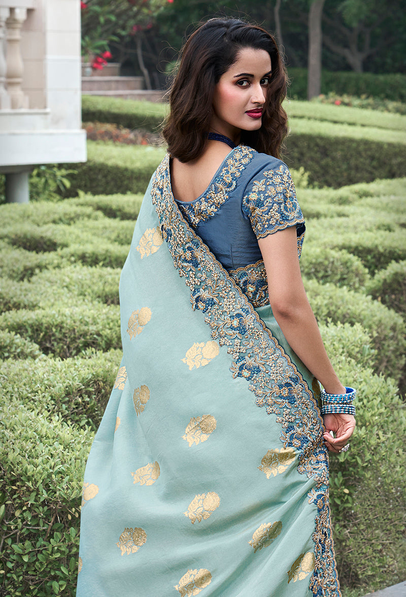 Aqua Blue Embroidered Silk Saree