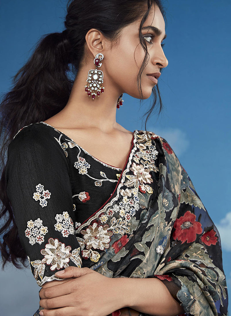 Black Embroidered Brasso Saree