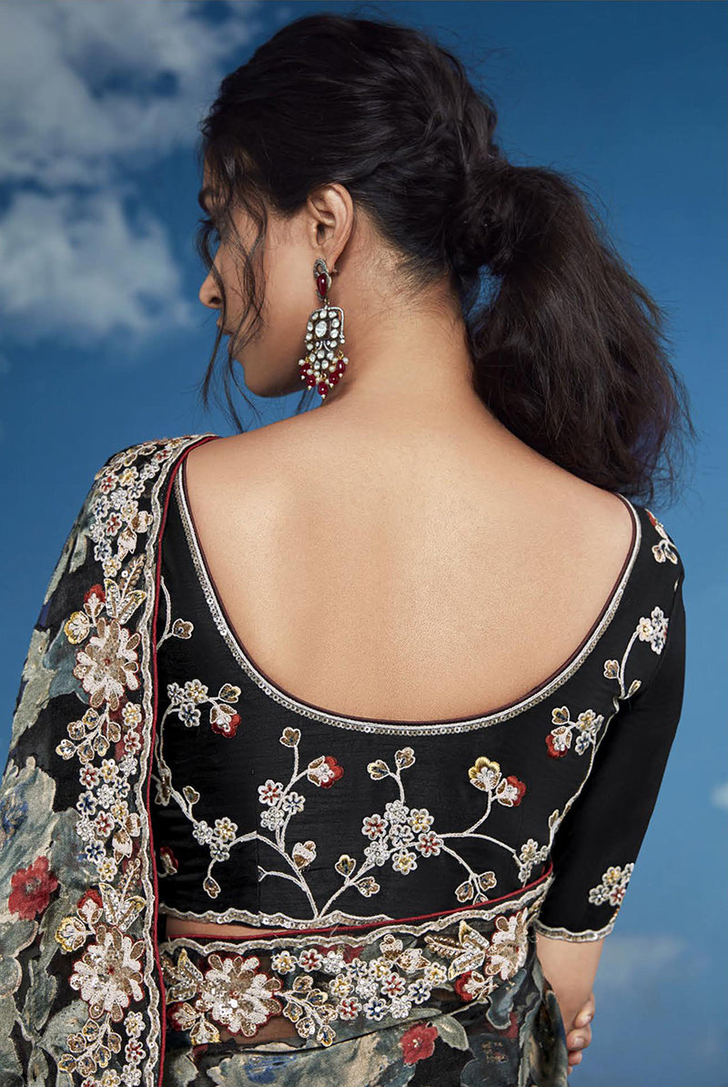 Black Embroidered Brasso Saree