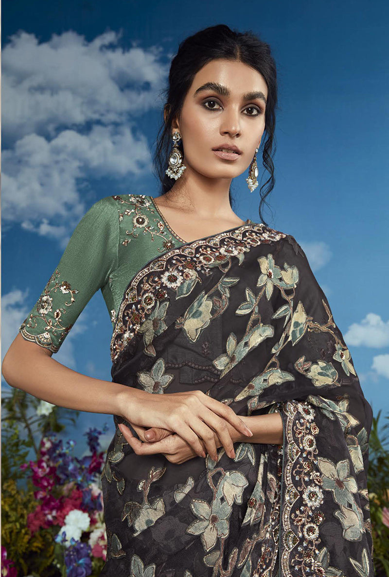 Black Embroidered Brasso Saree