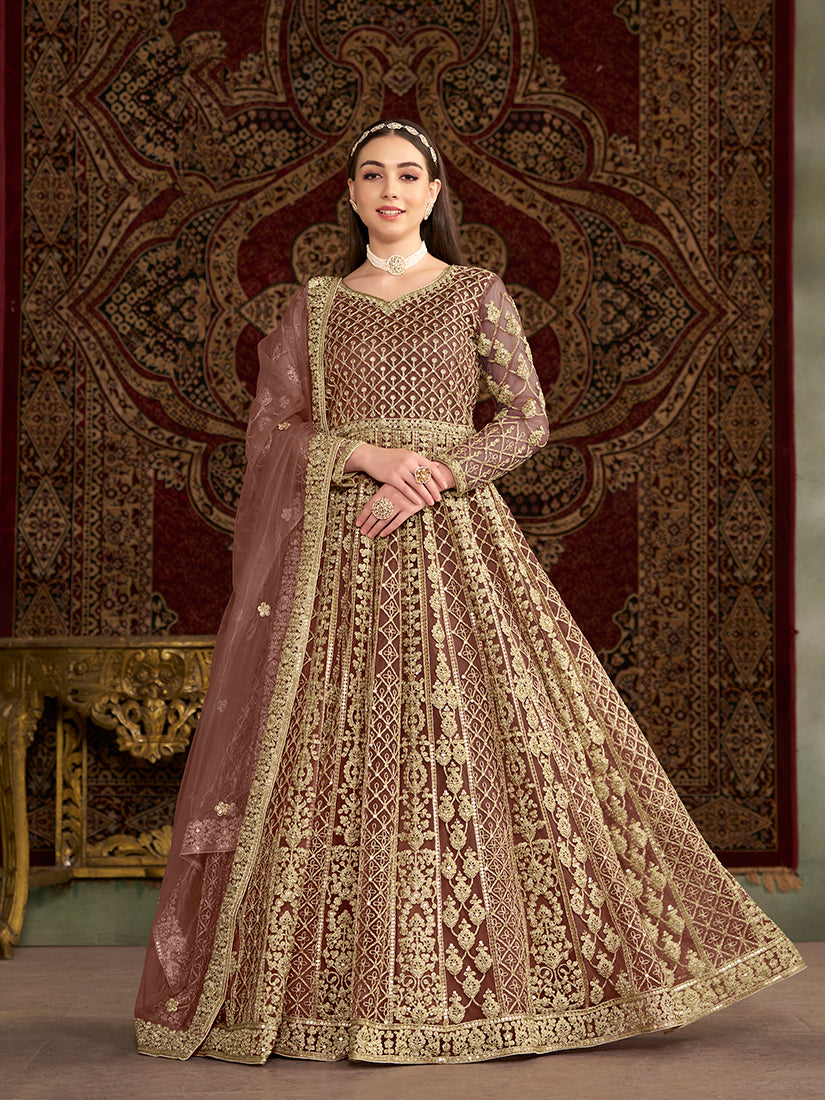 BrownNetEmbroideredKurta