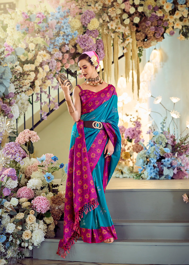 Aqua Blue Weaving Print Banarasi Silk Saree