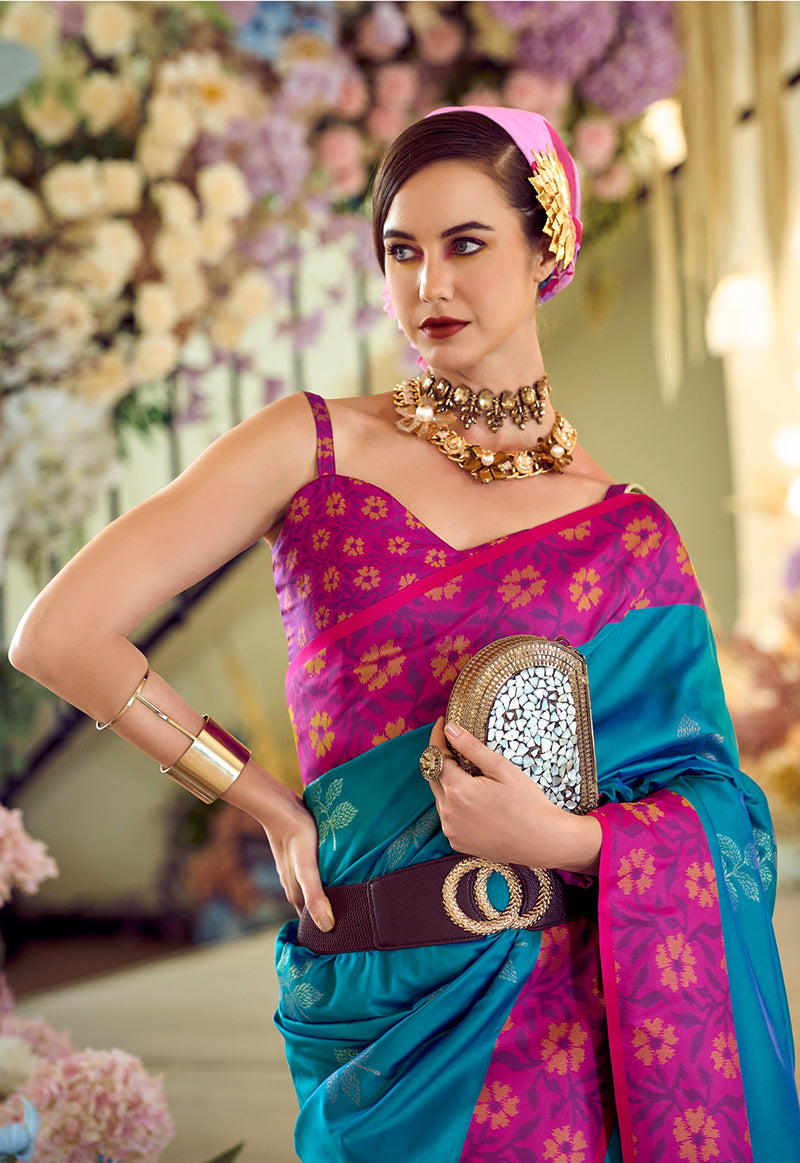 Aqua Blue Weaving Print Banarasi Silk Saree