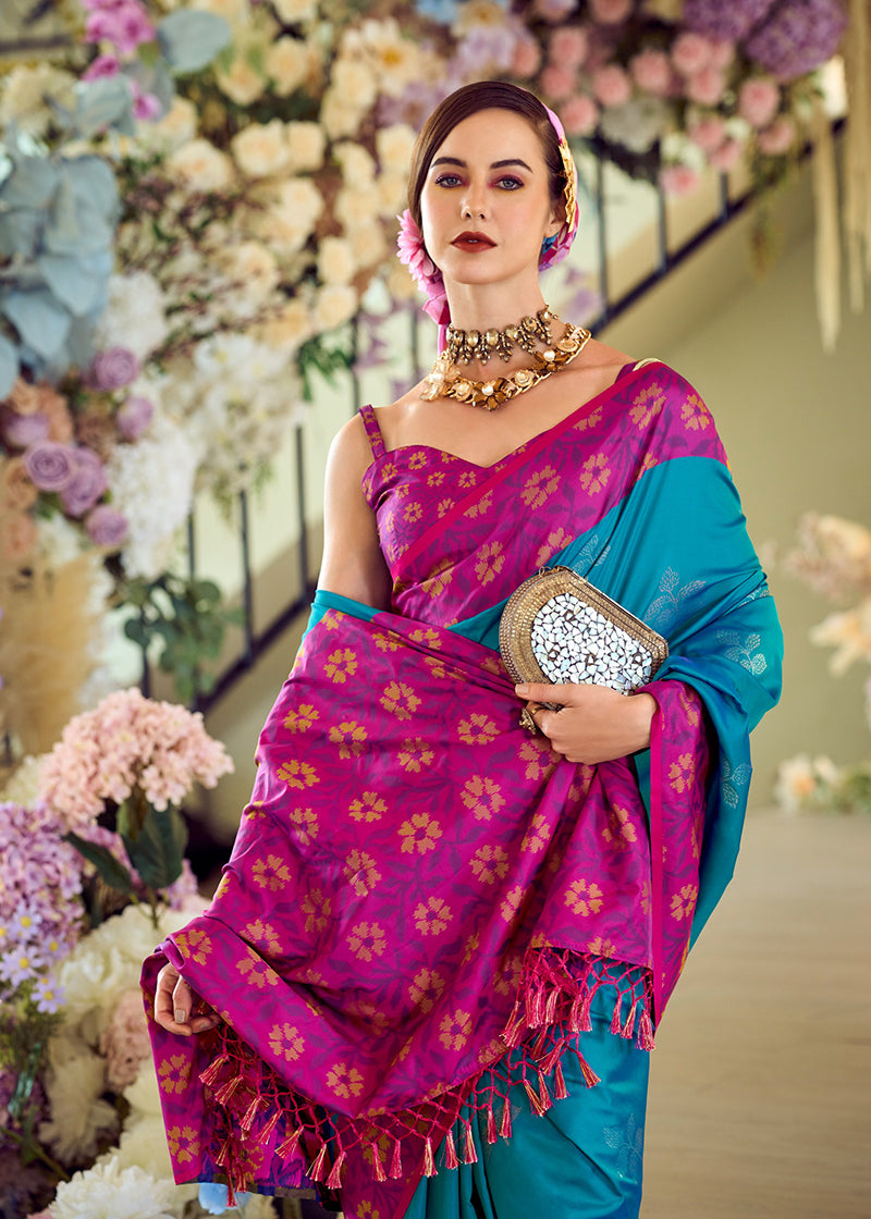 Aqua Blue Weaving Print Banarasi Silk Saree