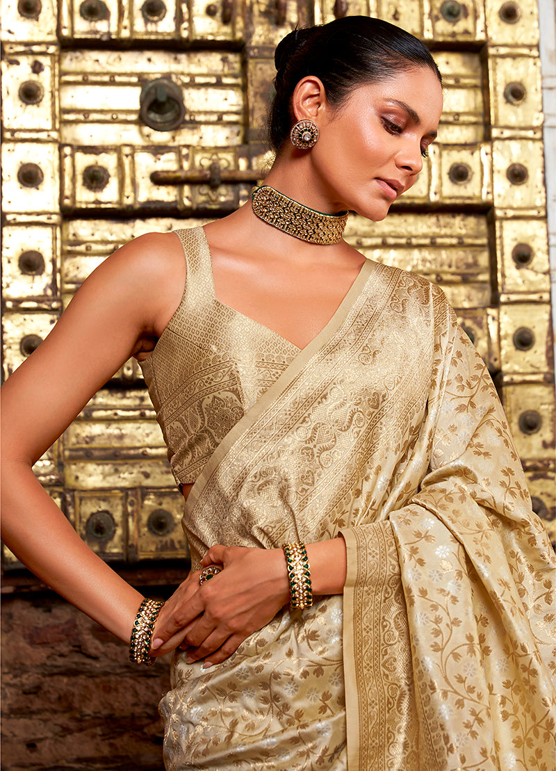 Beige Zari Work Silk Saree