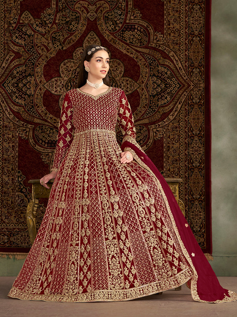 MaroonNetEmbroideredKurta