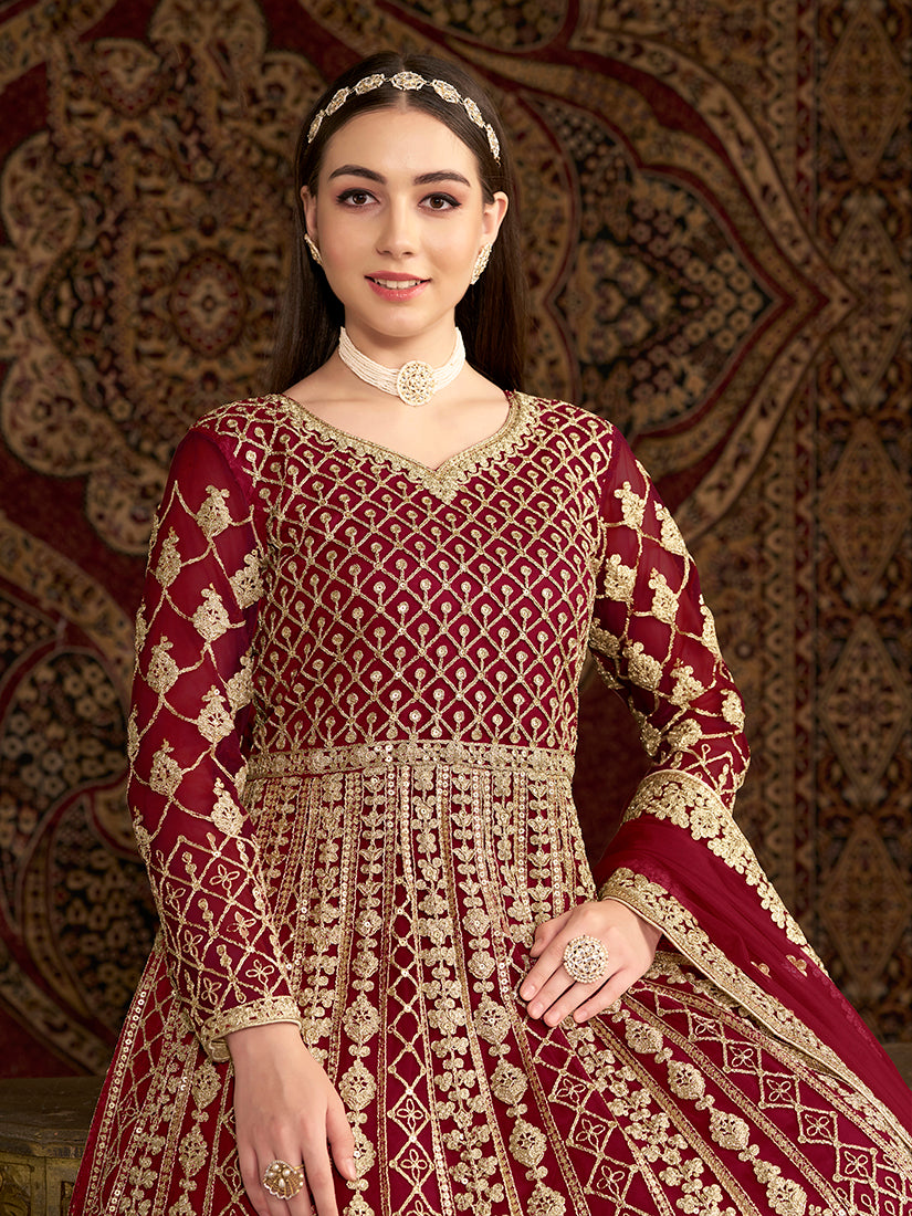 MaroonNetEmbroideredKurta