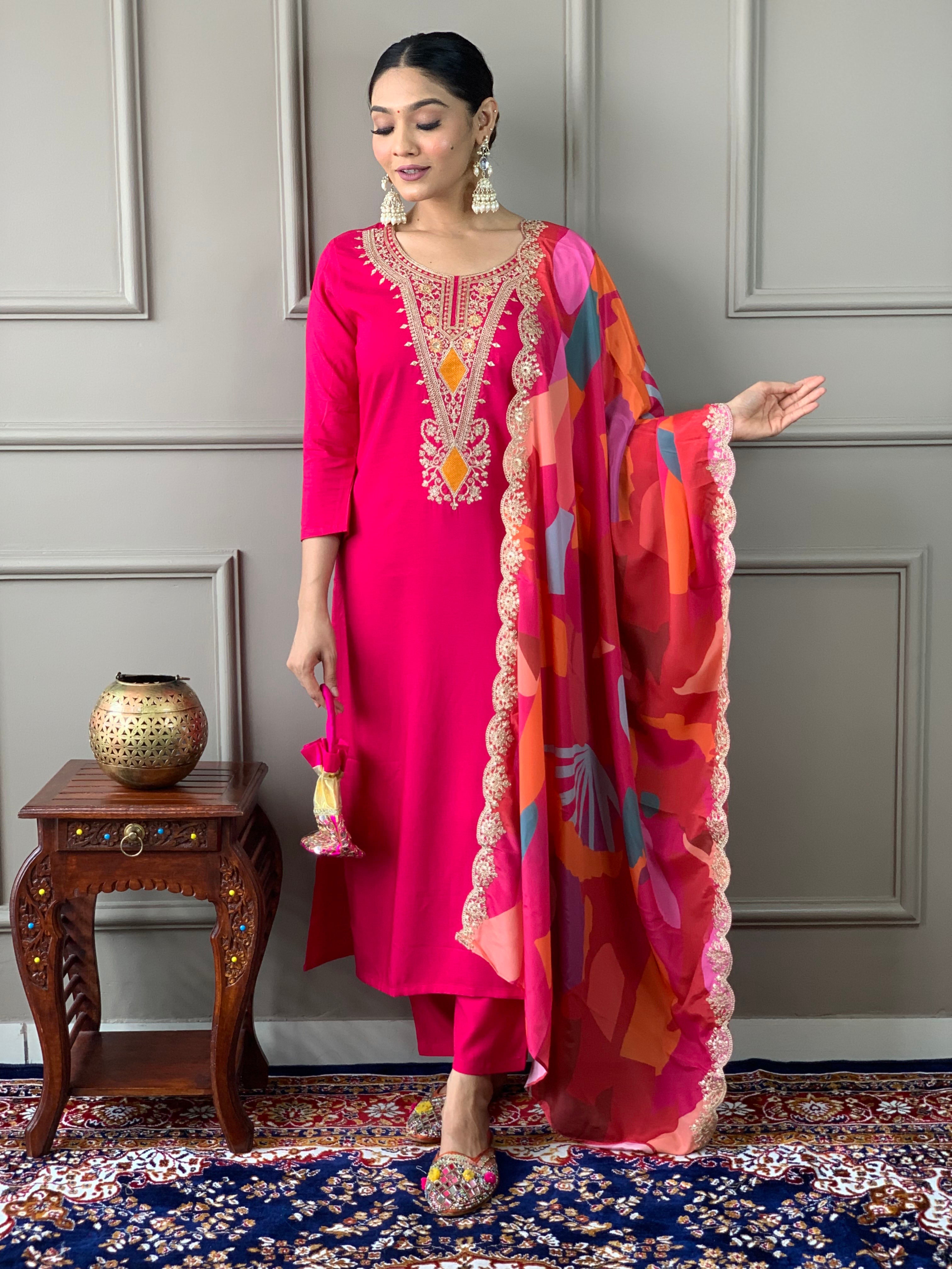 Viscose Silk Fabric work Straight cut Kurta, Pant and Dupatta Set