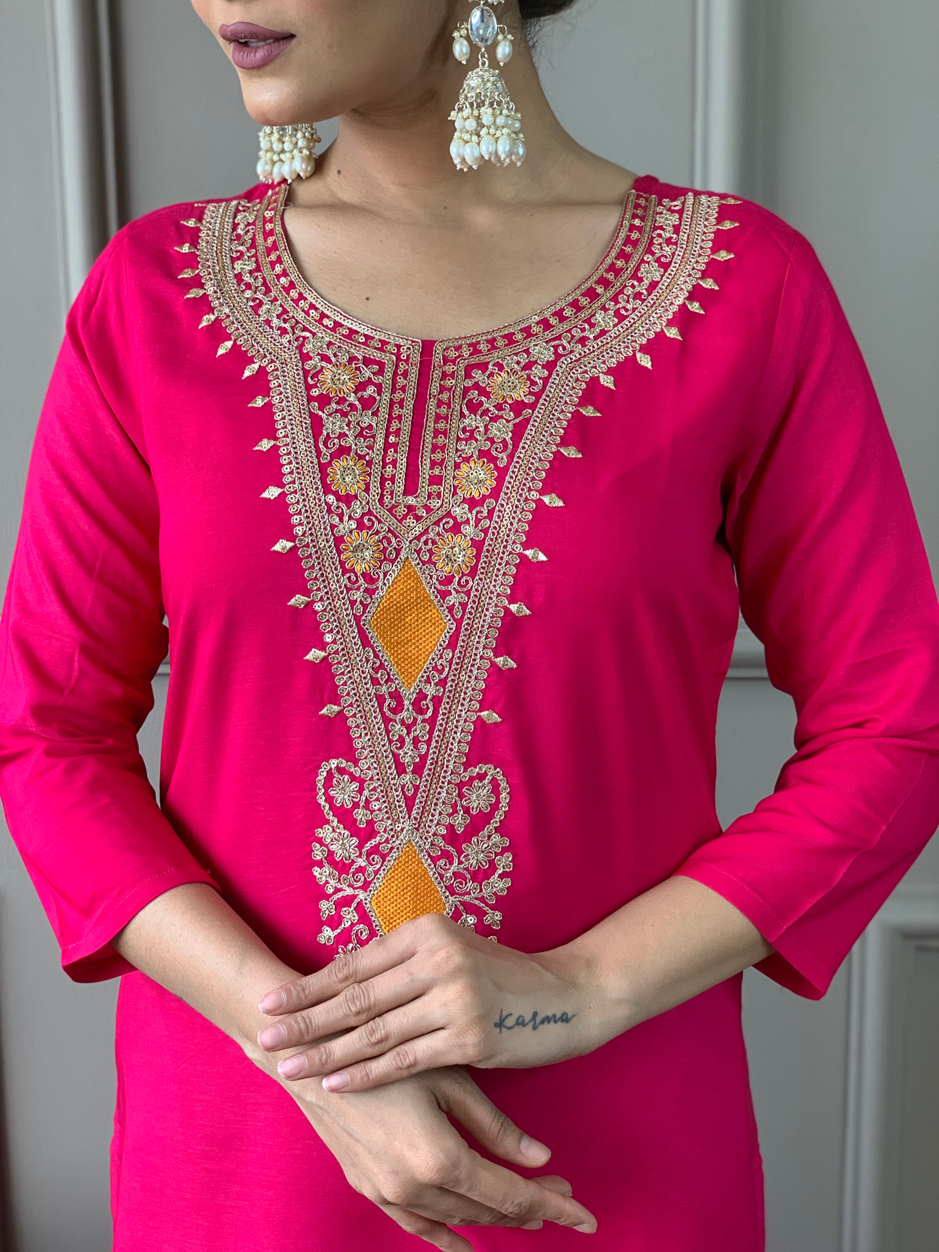 Viscose Silk Fabric work Straight cut Kurta, Pant and Dupatta Set