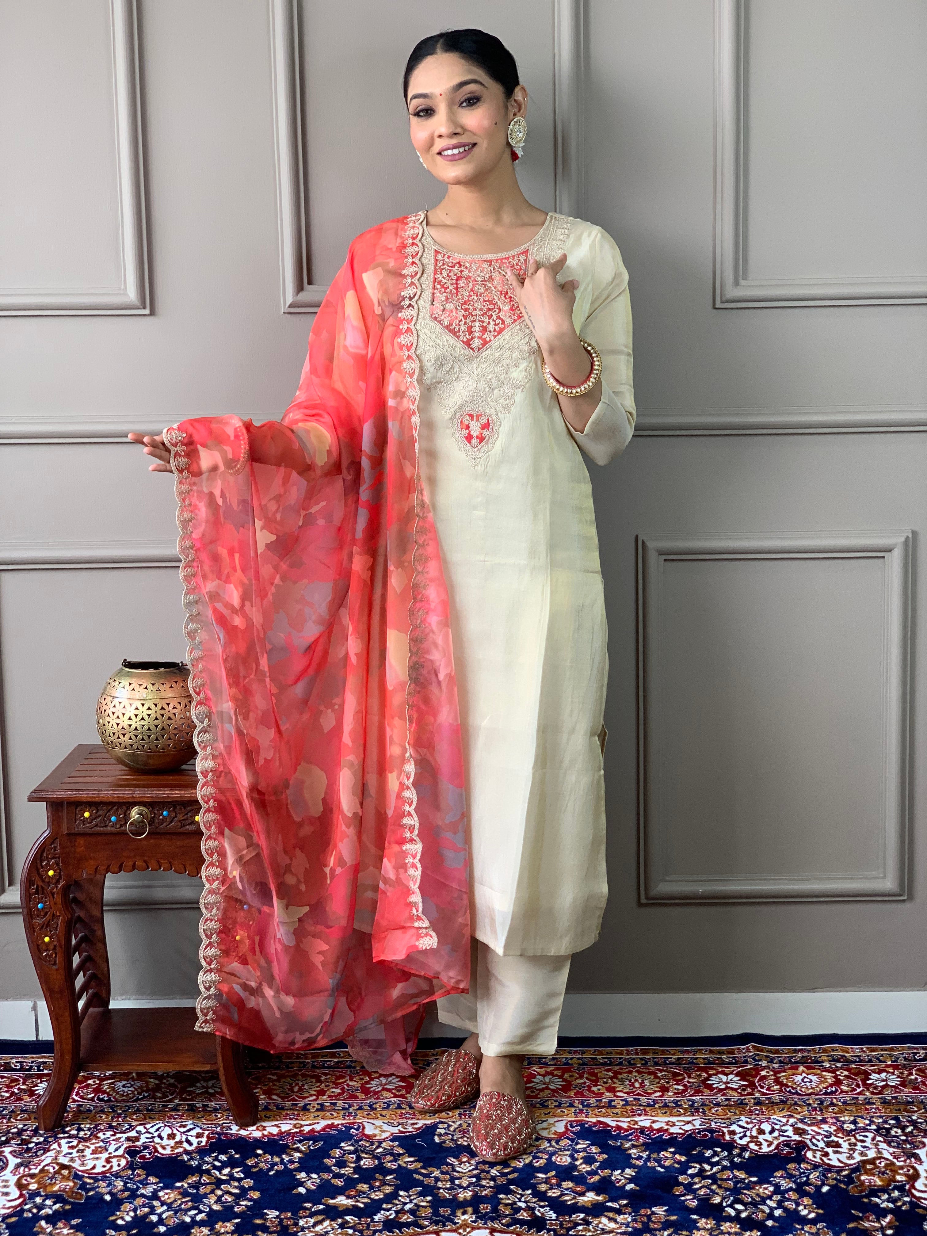 Cream Embroidered Chanderi Silk Fabric Straight Kurta, Pant and Dupatta Set