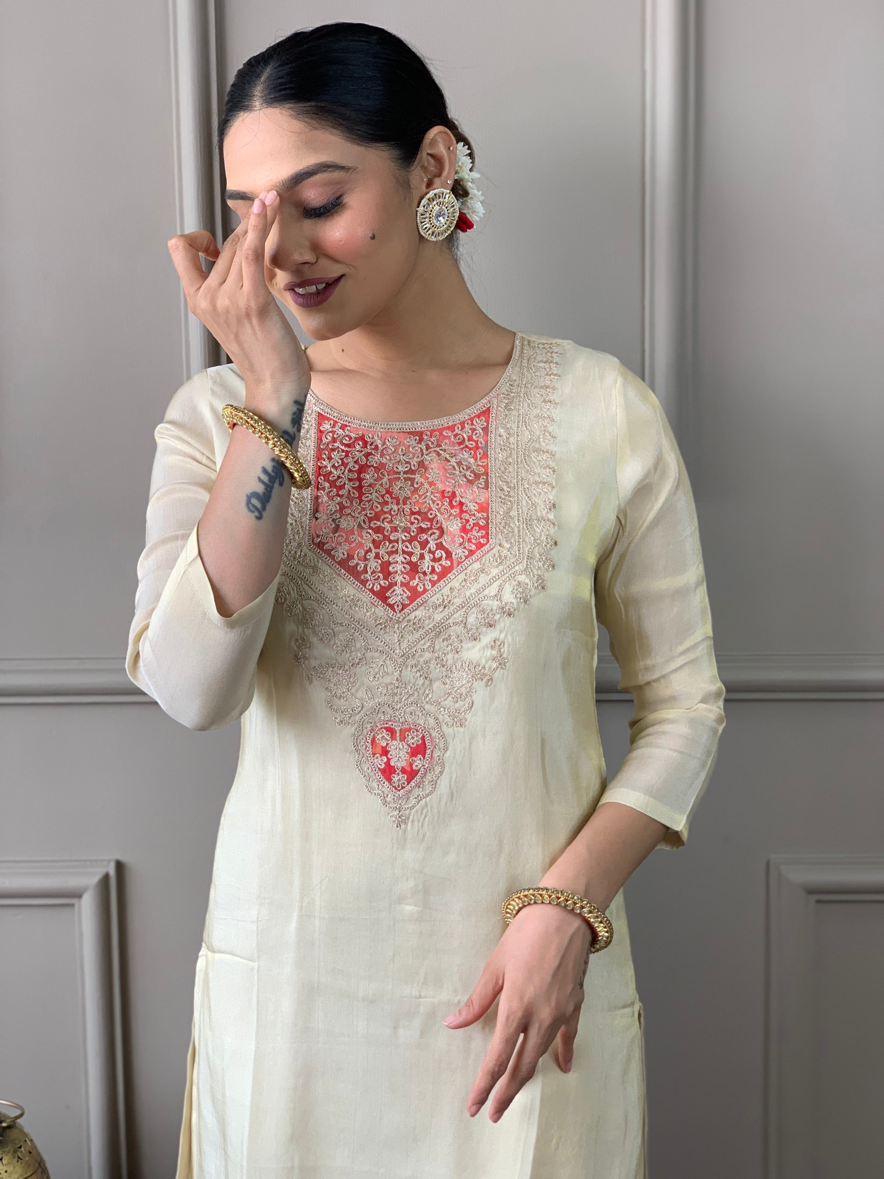 Cream Embroidered Chanderi Silk Fabric Straight Kurta, Pant and Dupatta Set