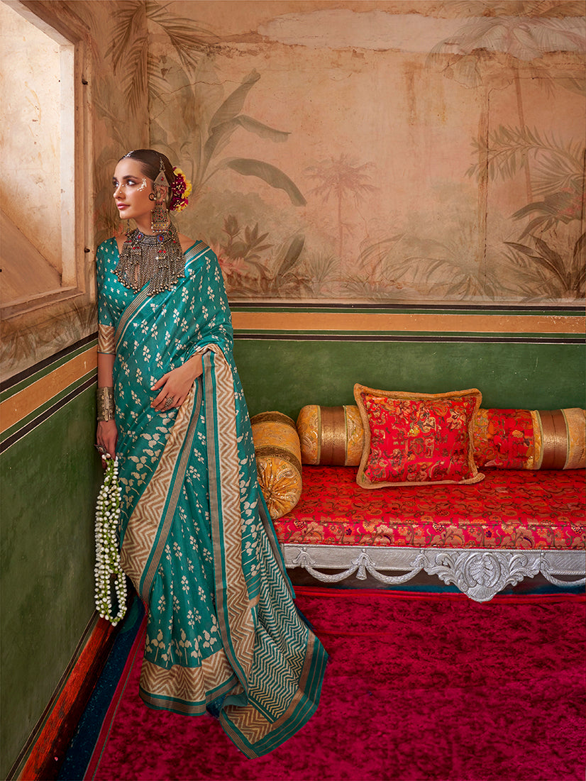 Aqua Blue Printed Silk Saree
