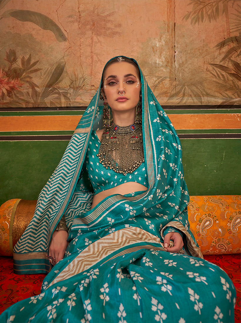 Aqua Blue Printed Silk Saree
