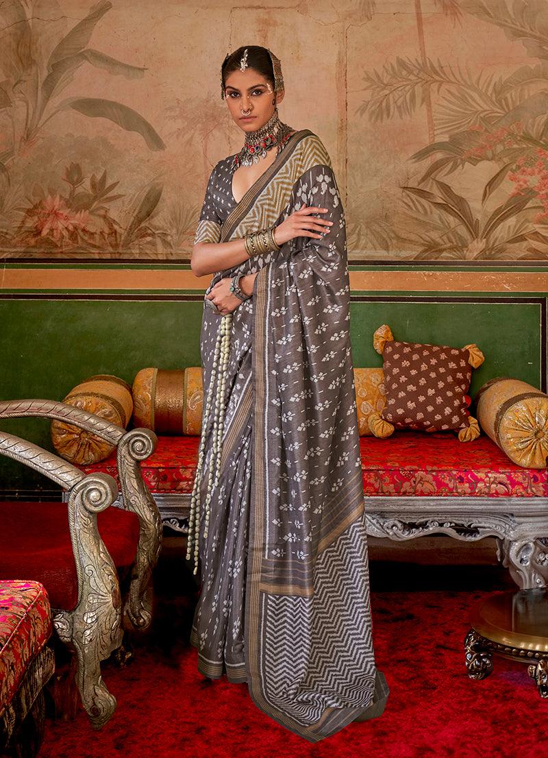 Grey Printed Silk Saree