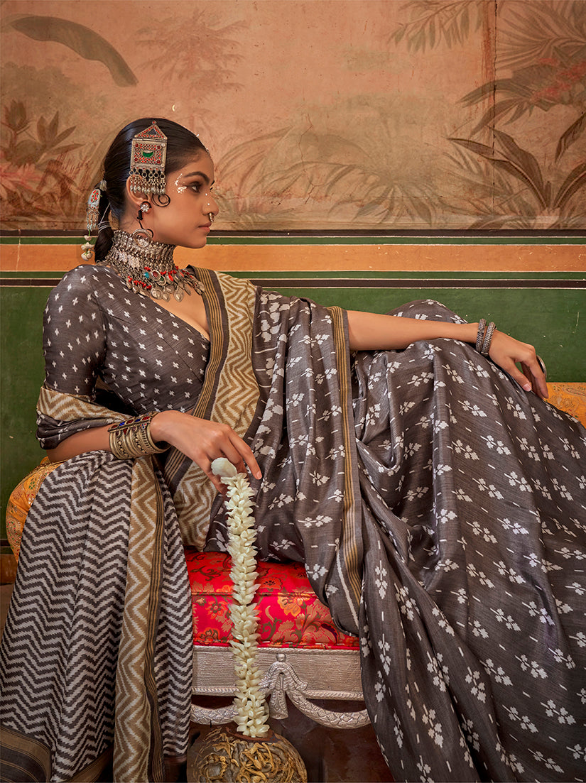 Grey Printed Silk Saree