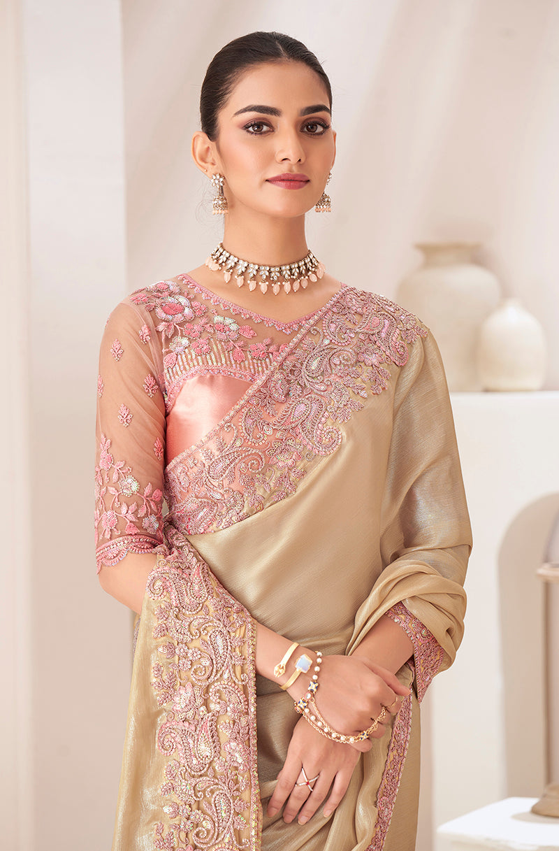 Beige Sequins Work Chiffon Saree