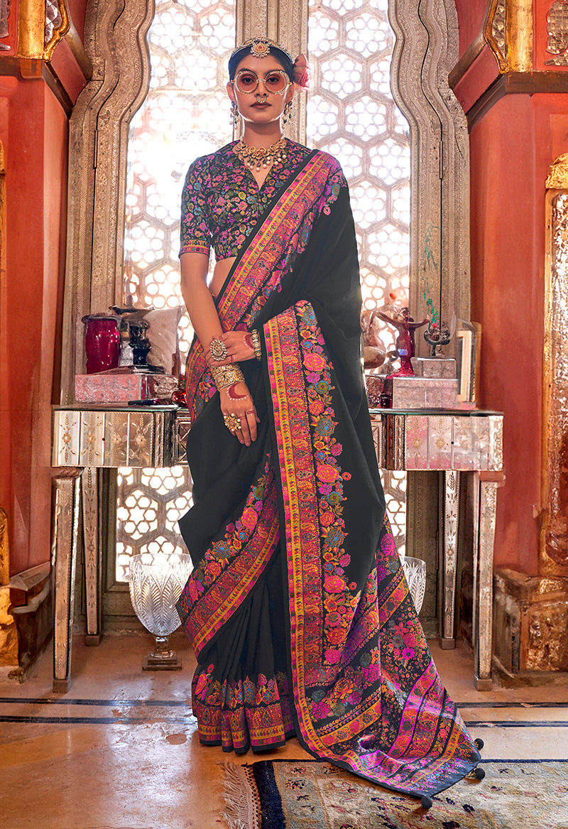 Black Weaving Print Silk Saree