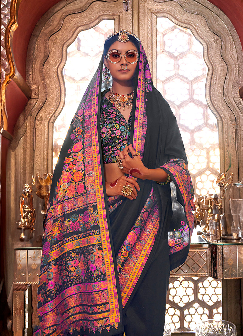Black Weaving Print Silk Saree