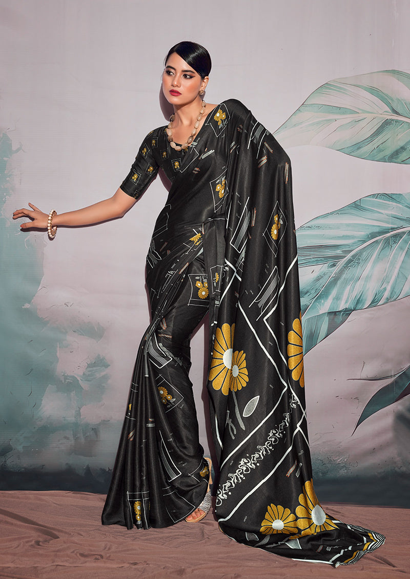 Black Floral Print Saree & Blouse