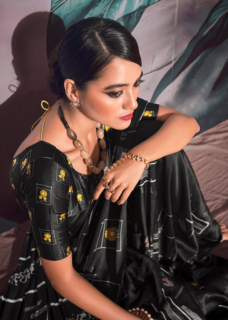 Black Floral Print Saree & Blouse