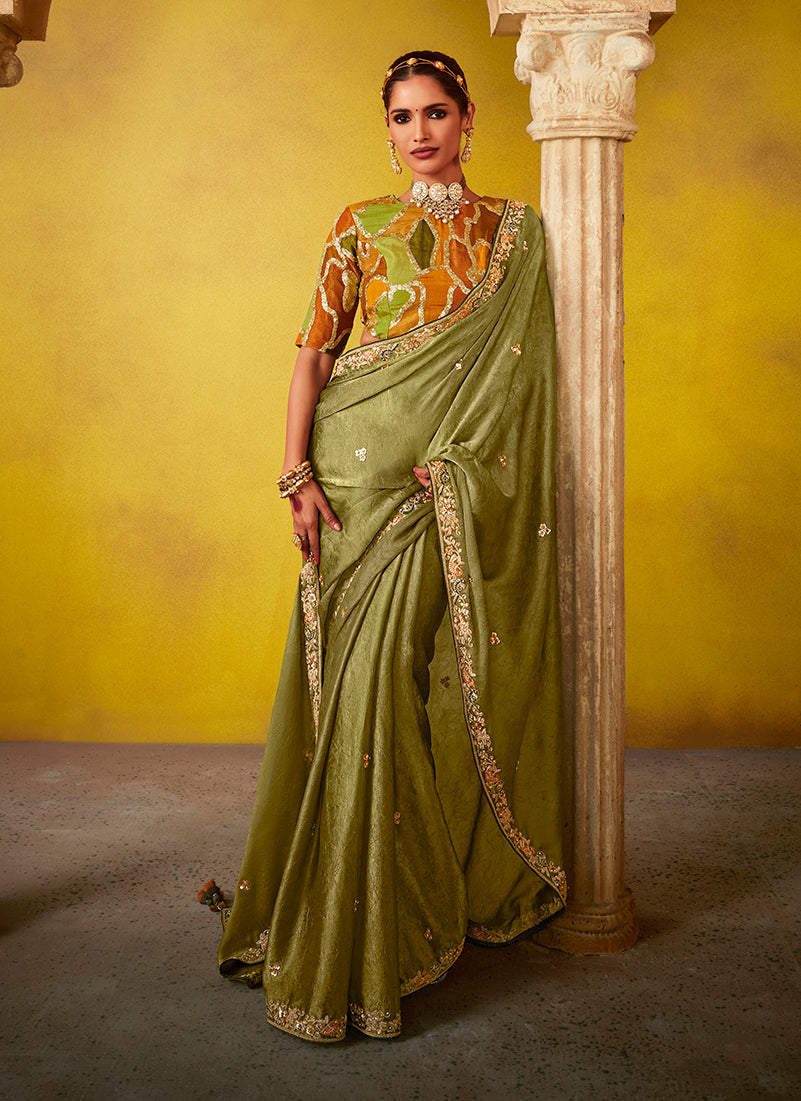 Olive Green Embroidered Saree & Blouse