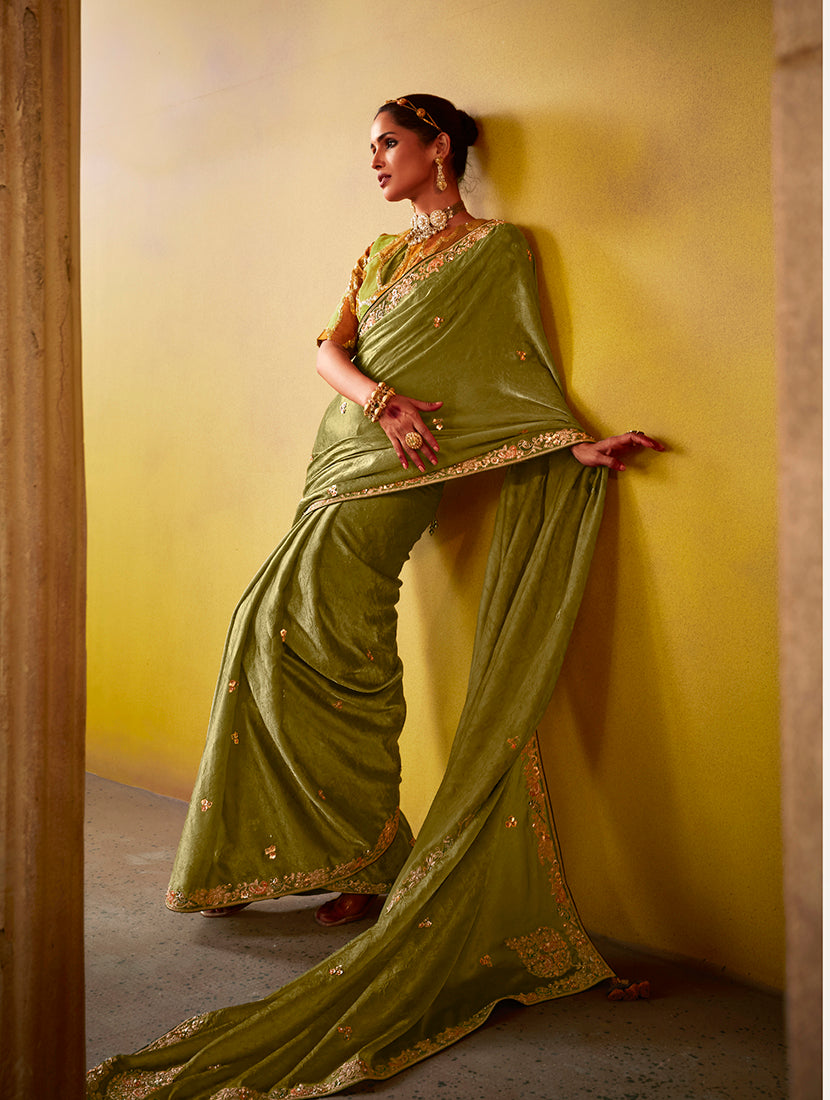 Olive Green Embroidered Saree & Blouse