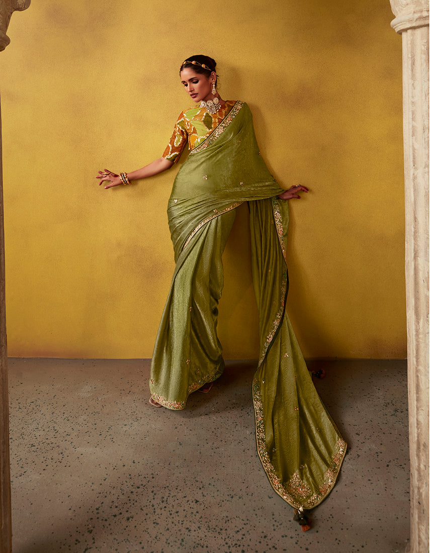 Olive Green Embroidered Saree & Blouse